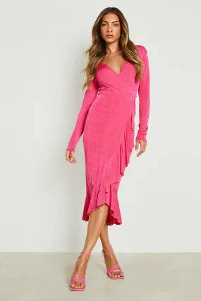 Acetate Slinky Ruffle Wrap Midi Dress