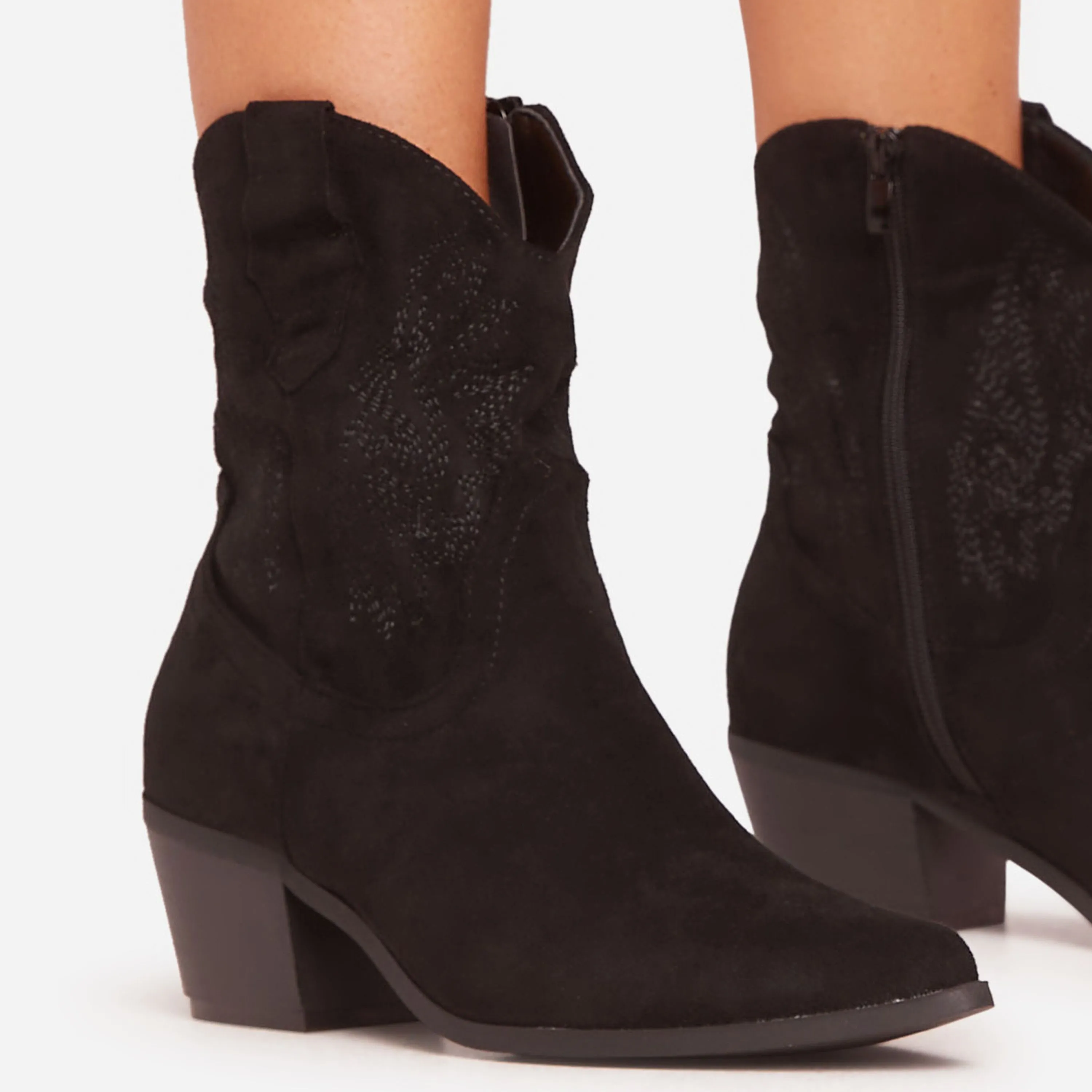 Andrea Embroidered Detail Pointed Toe Western Cowboy Ankle Boot In Black Faux Suede