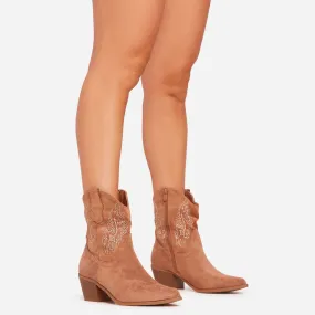 Andrea Embroidered Detail Pointed Toe Western Cowboy Ankle Boot In Camel Brown Faux Suede