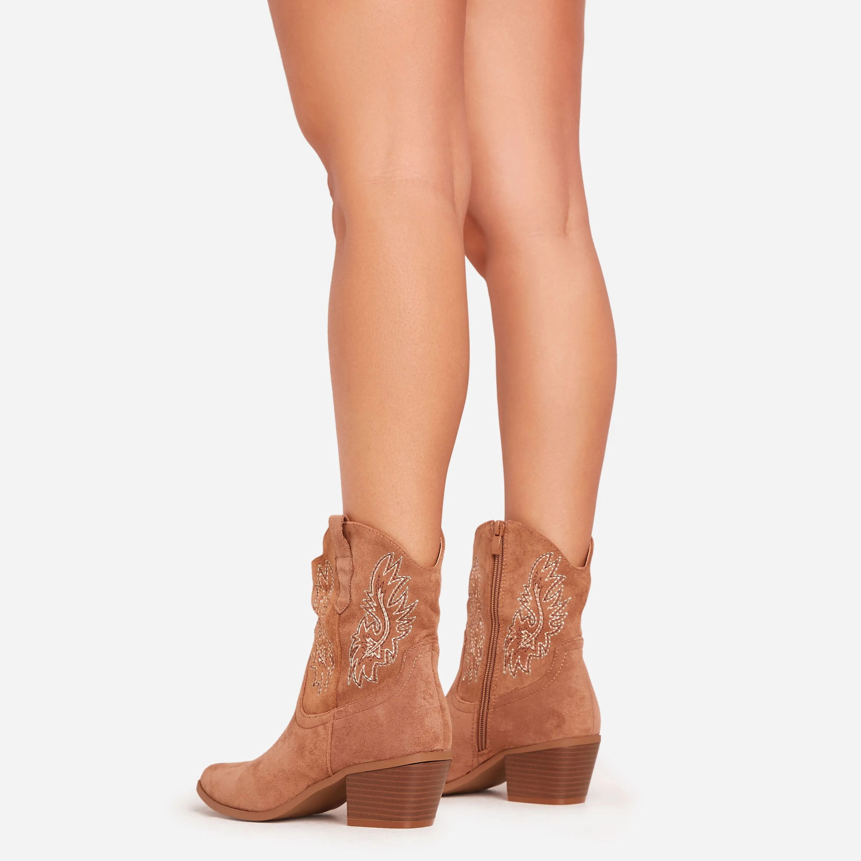 Andrea Embroidered Detail Pointed Toe Western Cowboy Ankle Boot In Camel Brown Faux Suede