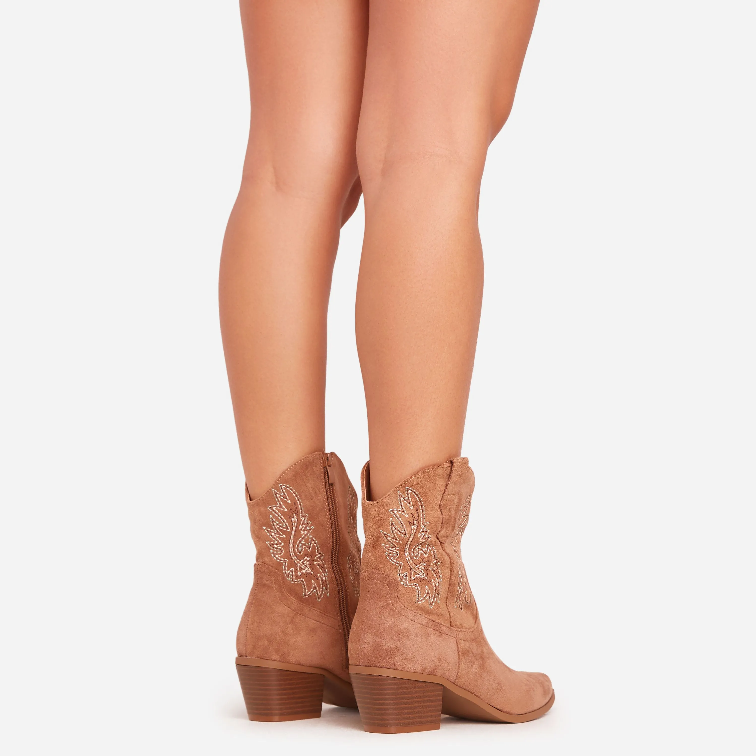 Andrea Embroidered Detail Pointed Toe Western Cowboy Ankle Boot In Camel Brown Faux Suede