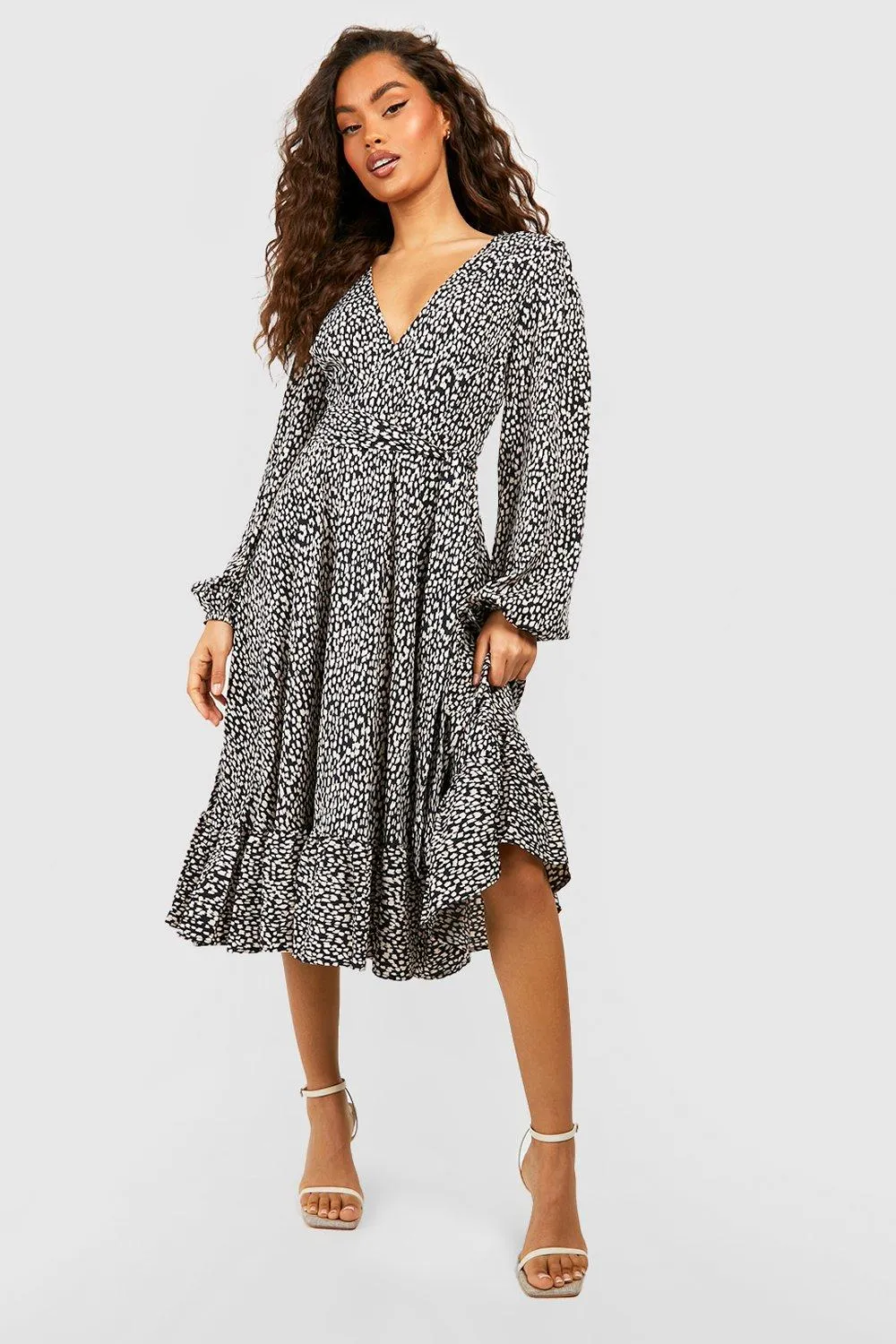 Animal Ruffle Wrap Midi Dress