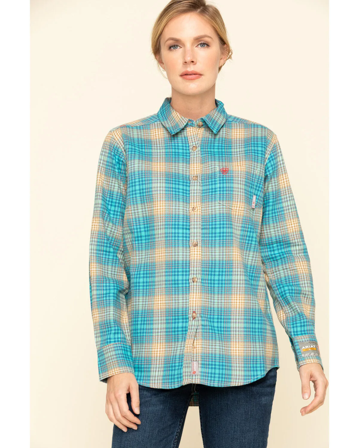 Ariat Women's Boot Barn Exclusive FR Savana Plaid Print Long Sleeve Work Shirt