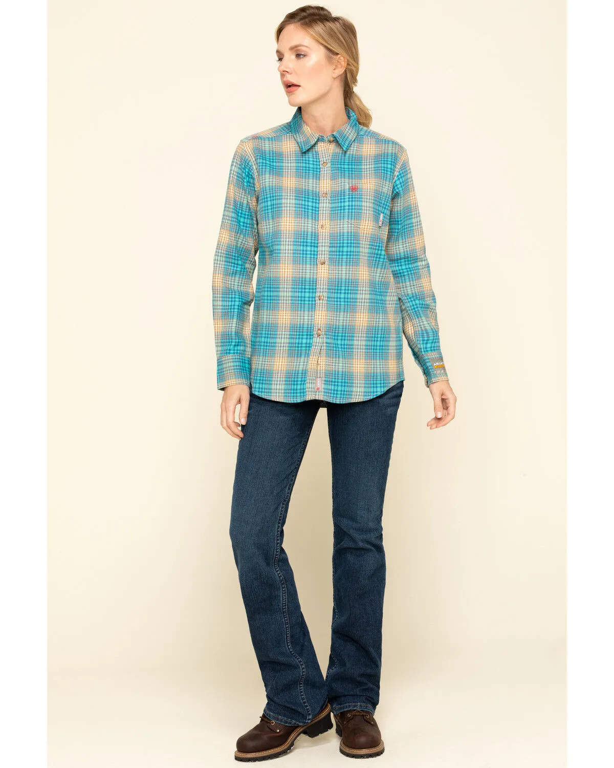 Ariat Women's Boot Barn Exclusive FR Savana Plaid Print Long Sleeve Work Shirt