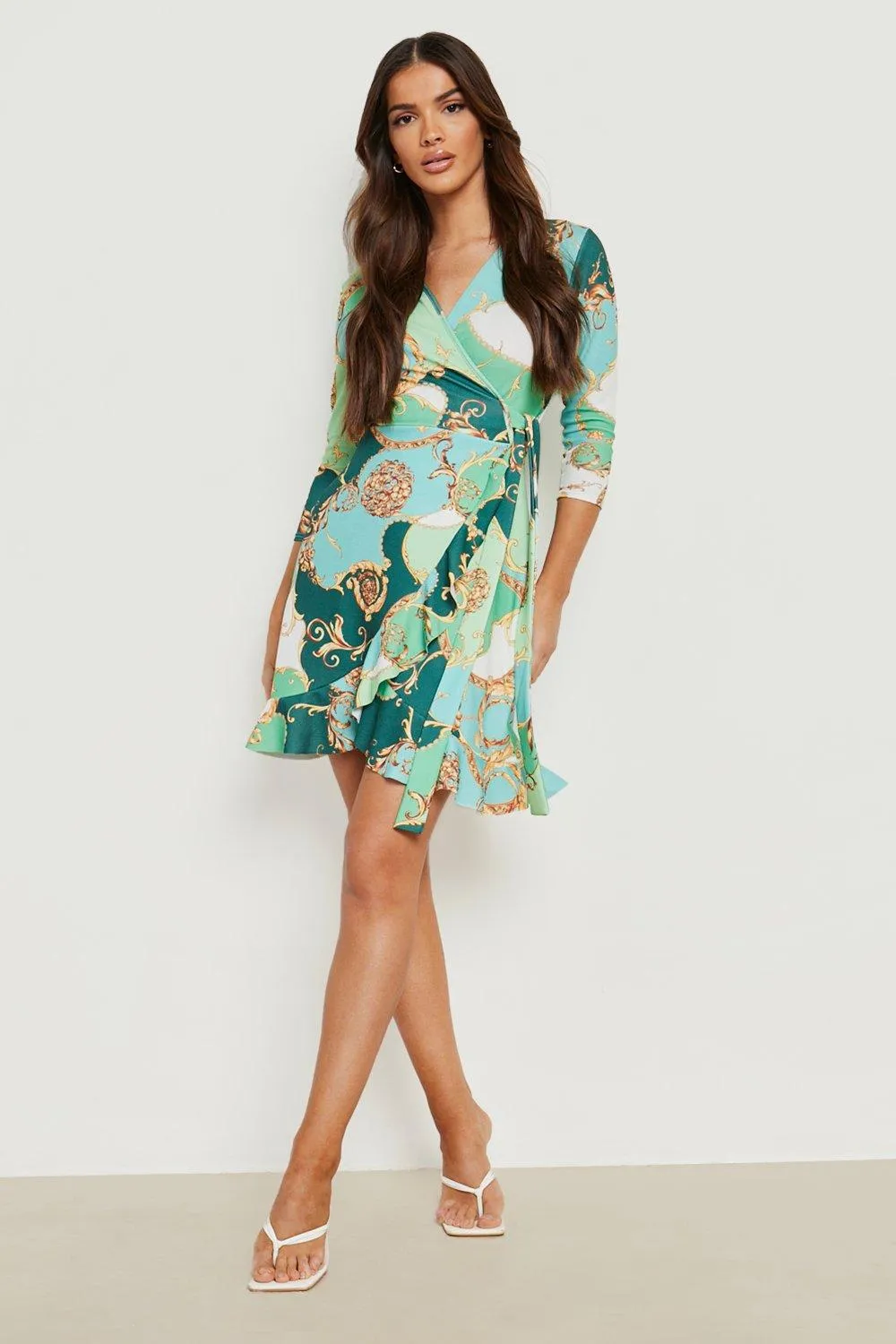 Chain Print Ruffle Wrap Mini Dress