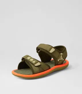 CLARKS Finn Tot Dark Olive Bright Orange Sandals