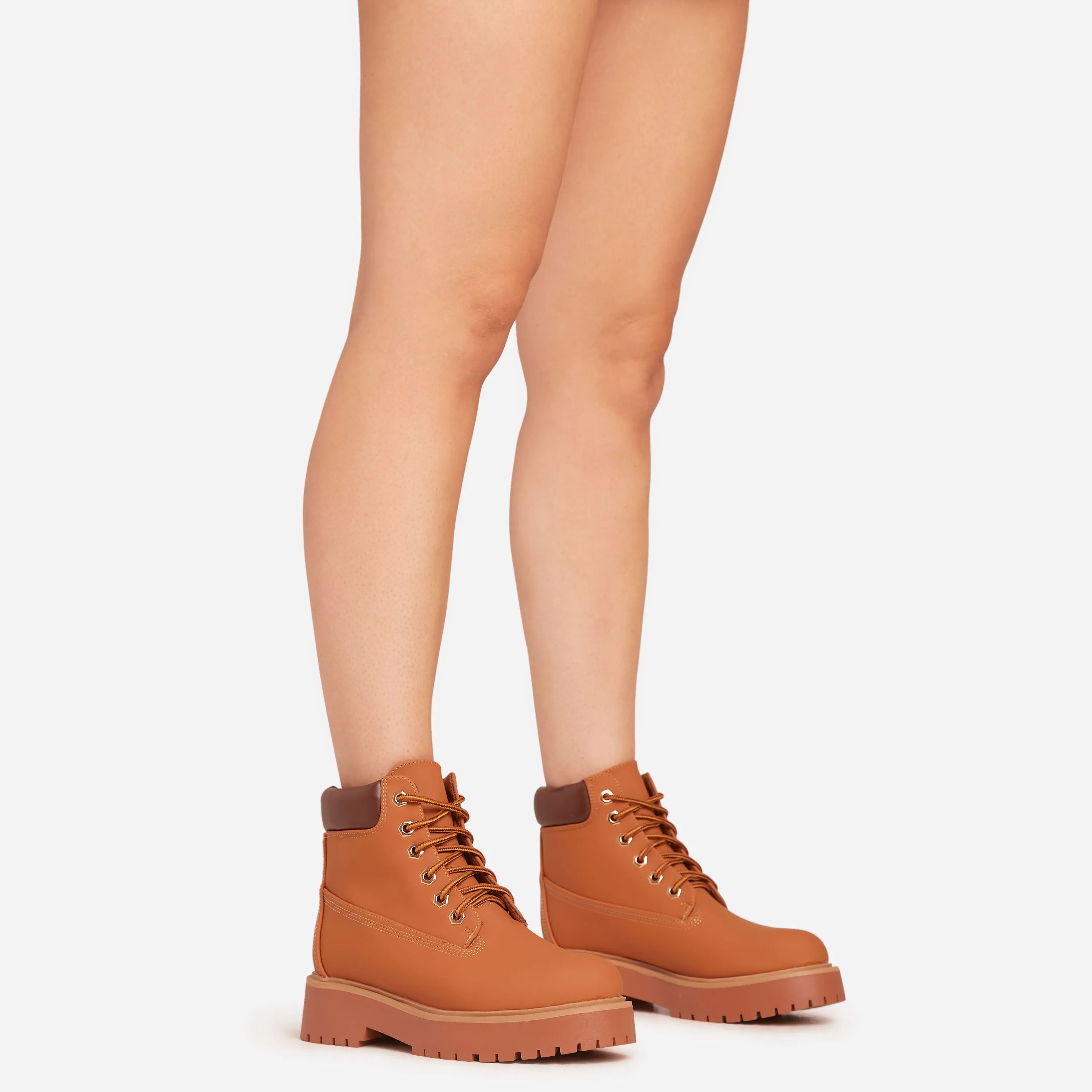 Danae Lace Up Chunky Ankle Biker Boot In Tan Brown Faux Suede