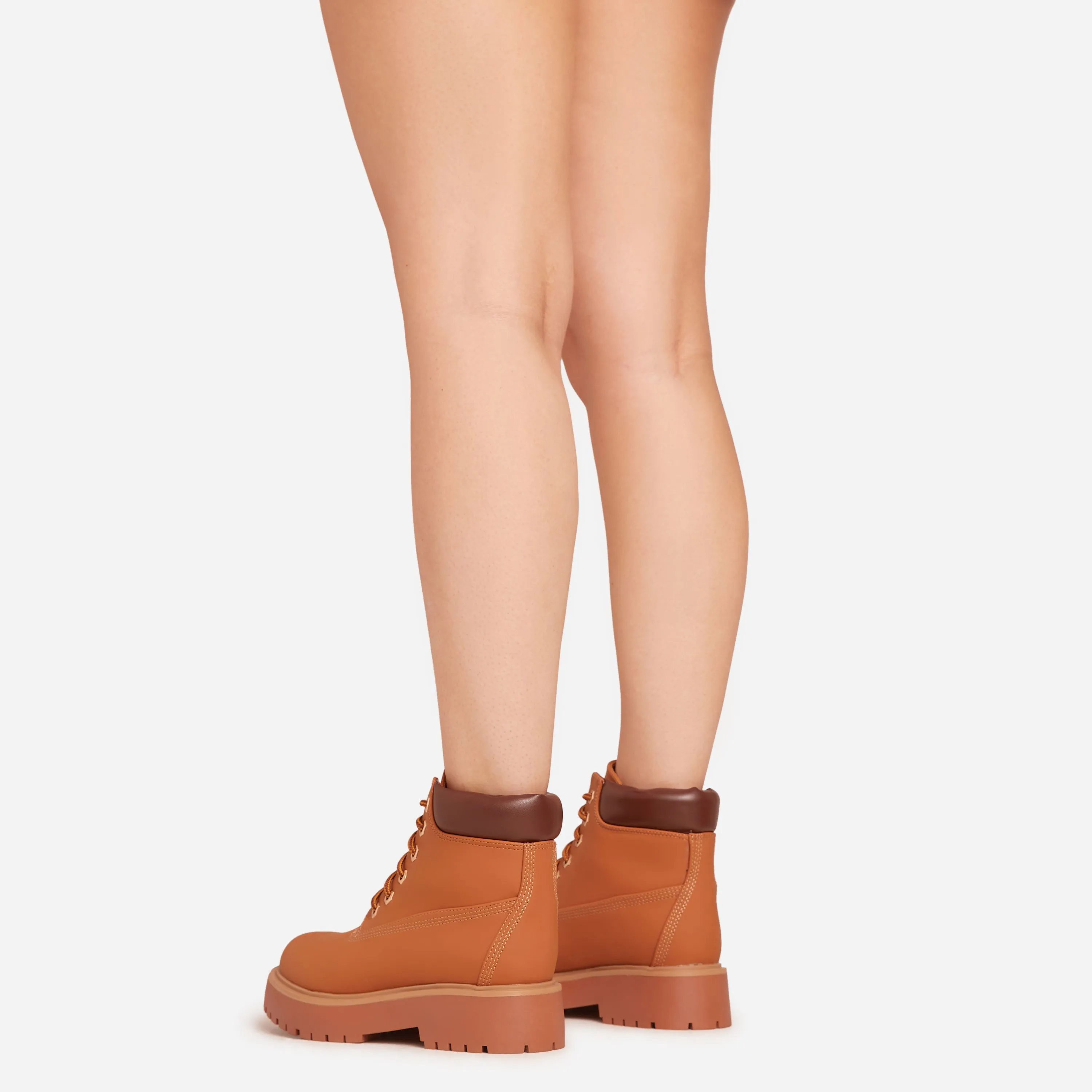 Danae Lace Up Chunky Ankle Biker Boot In Tan Brown Faux Suede