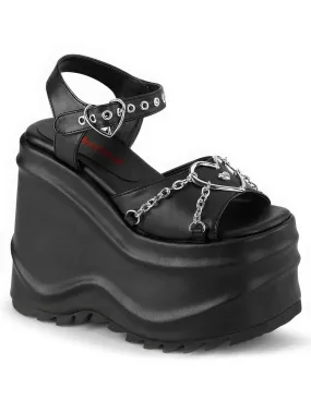 DEMONIA Black Platform Sandals with Heart Buckles