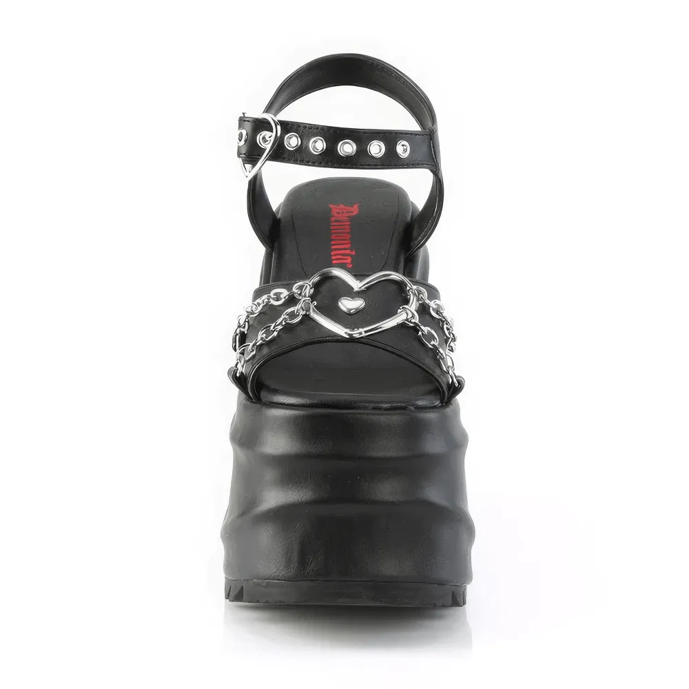 DEMONIA Black Platform Sandals with Heart Buckles