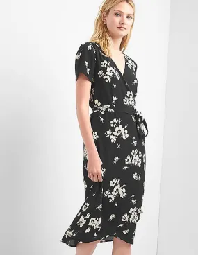 GAP Women Black Floral Midi Wrap Dress