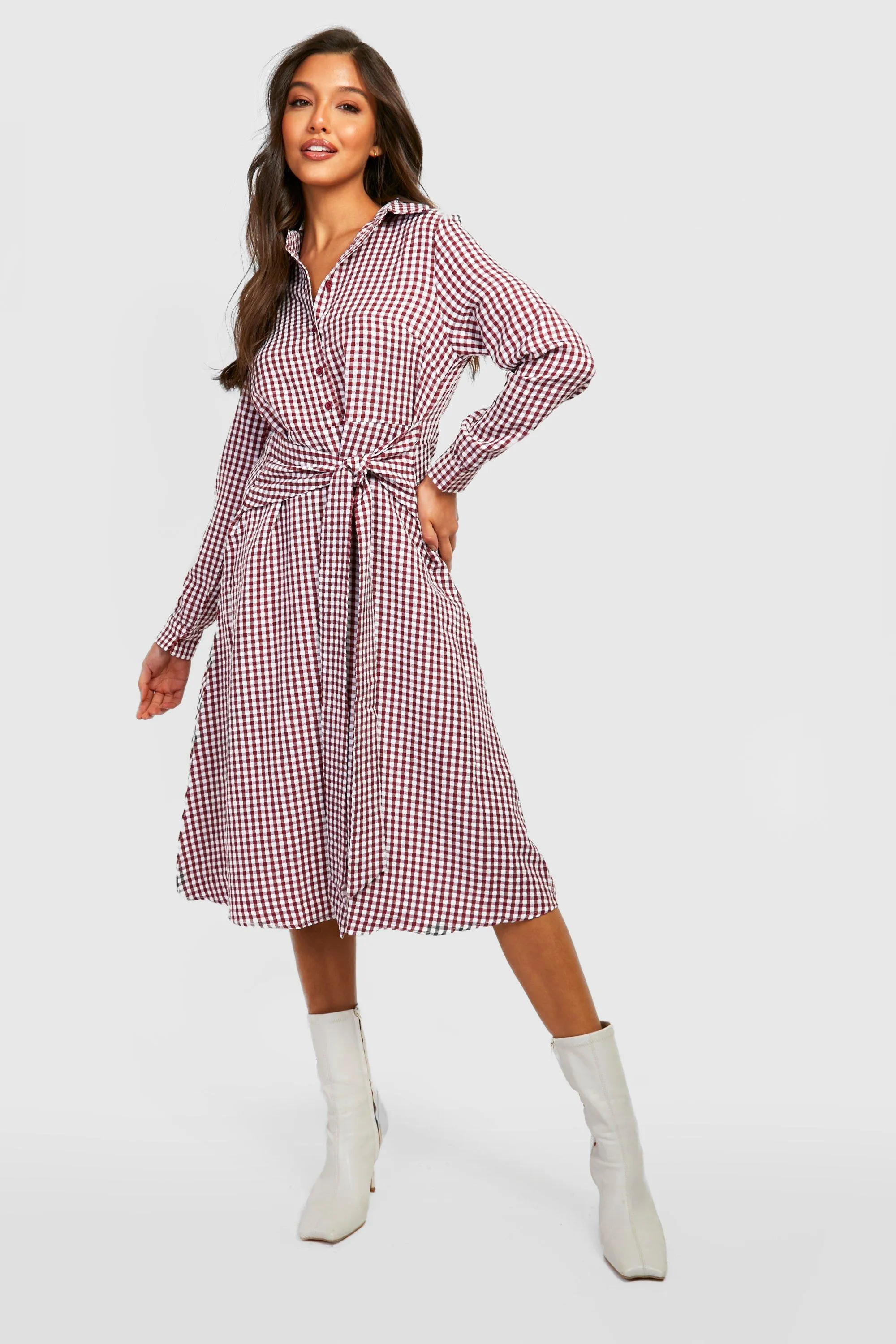 Gingham Wrap Midi Shirt Dress