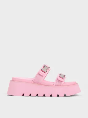 Laine Metallic-Buckle Flatform Sandals - Light Pink