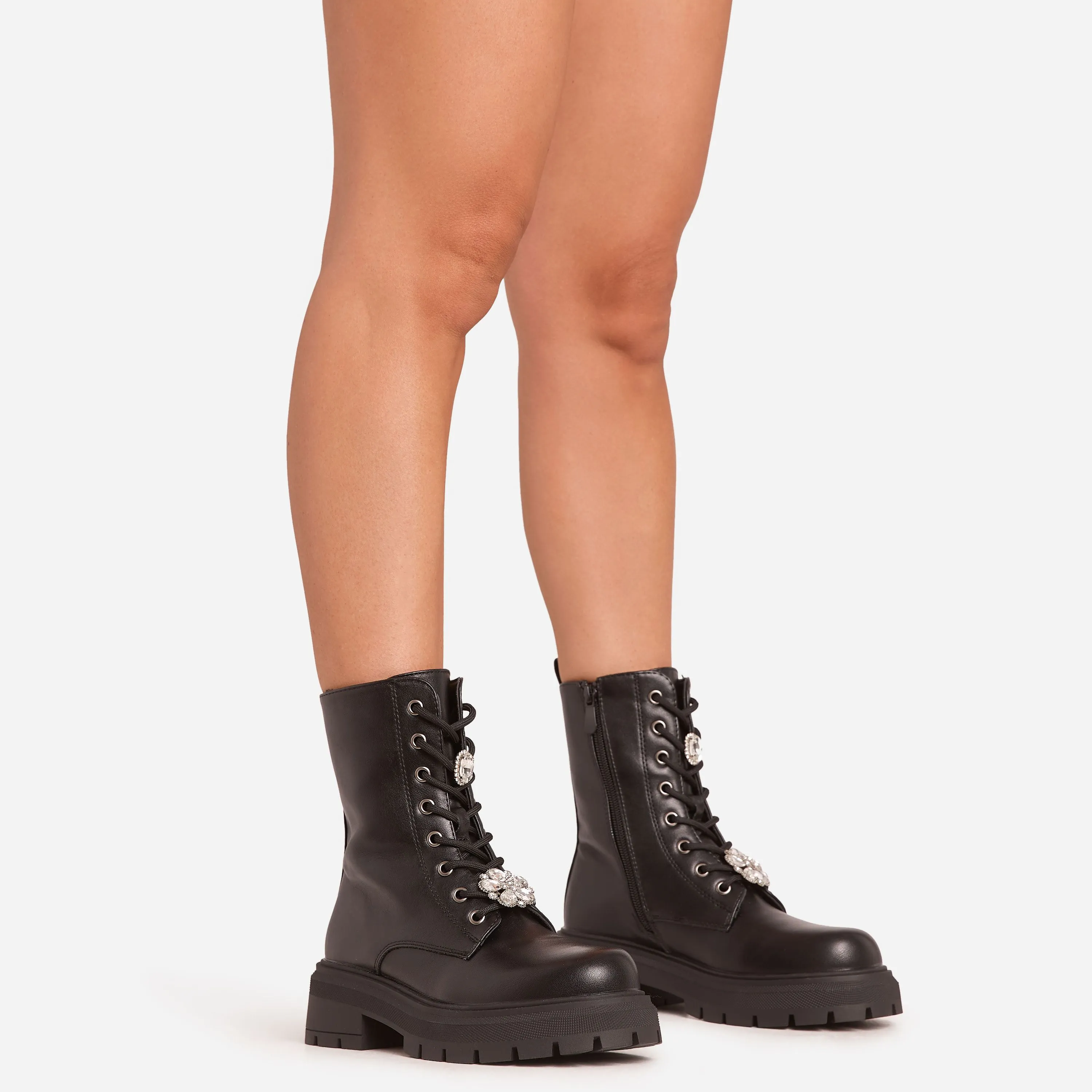 Lilia Gem Detail Lace Up Chunky Ankle Biker Boot In Black Faux Leather