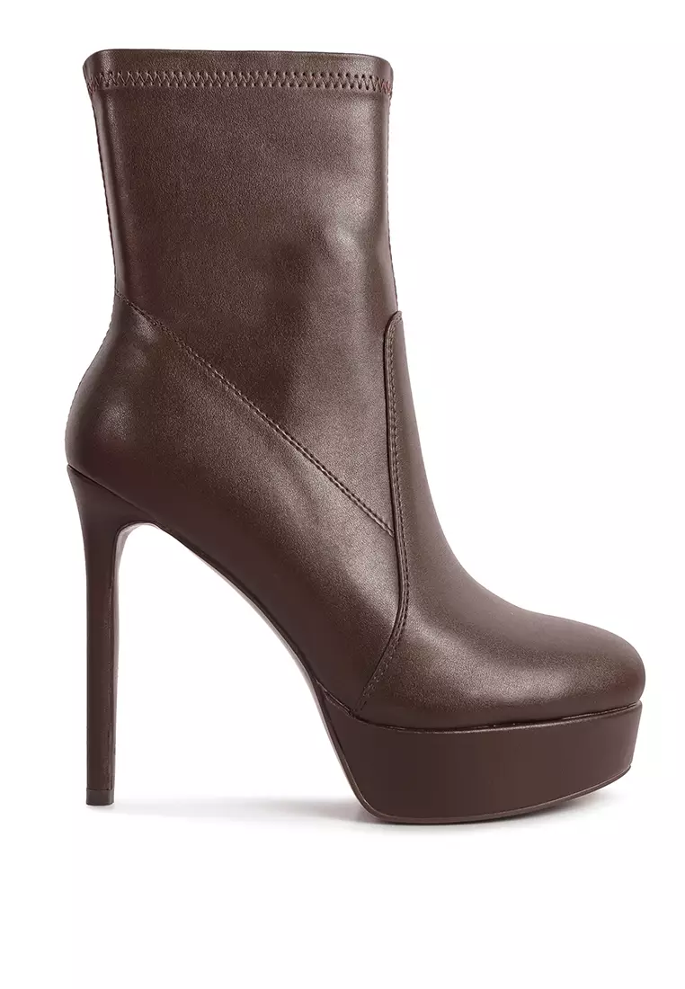 London Rag Brown Stretch PU High Heeled Ankle Boot