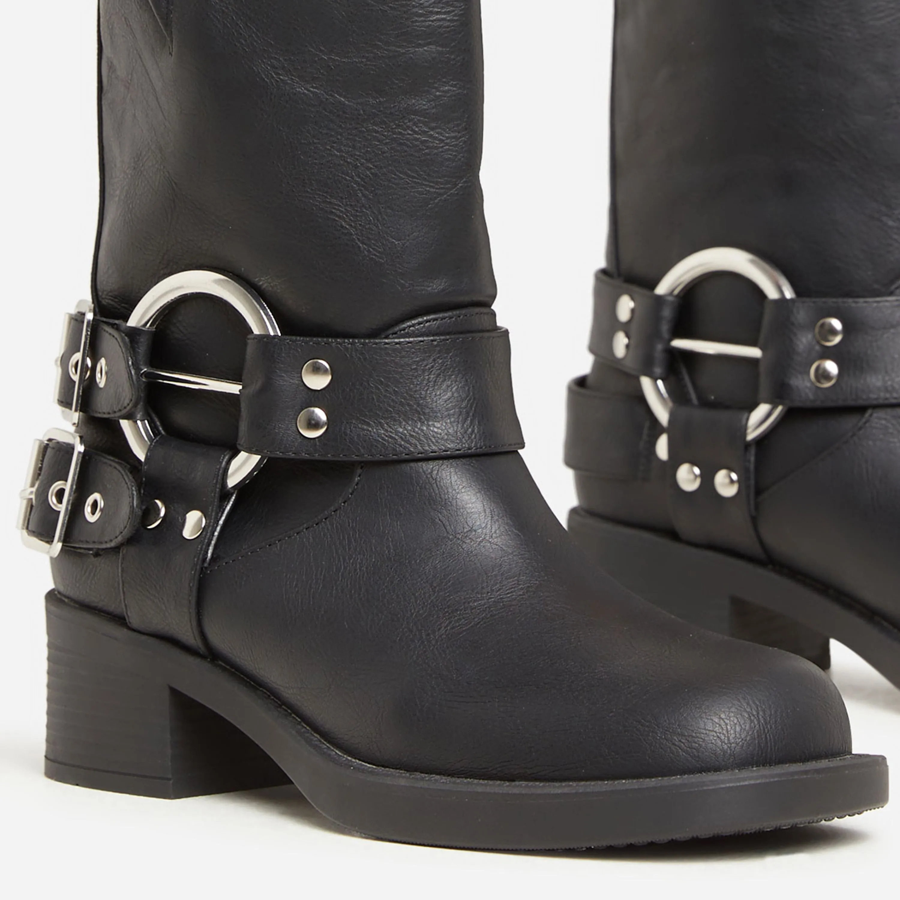 Motorbike Ring Buckle Detail Ankle Biker Boot In Black Faux Leather