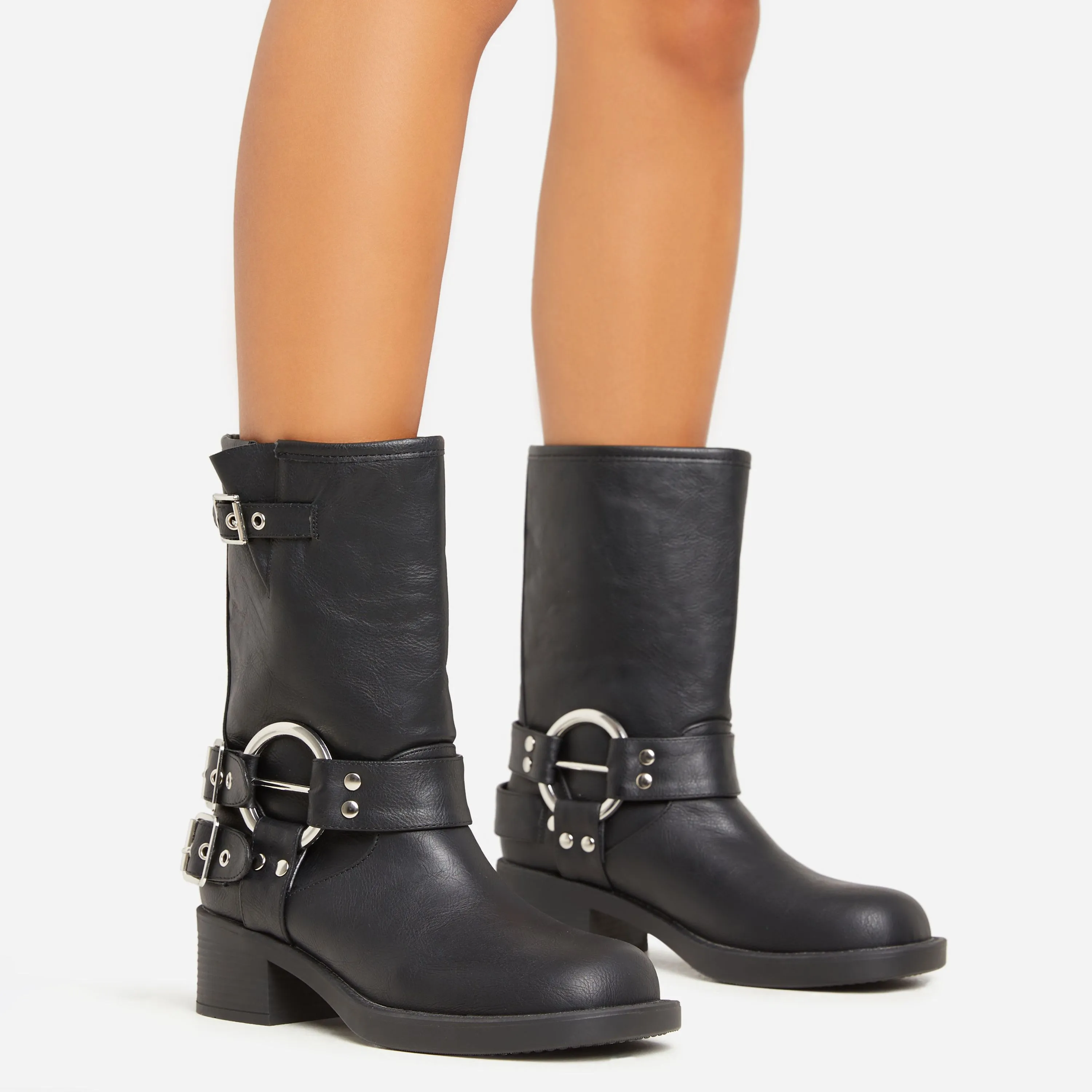 Motorbike Ring Buckle Detail Ankle Biker Boot In Black Faux Leather