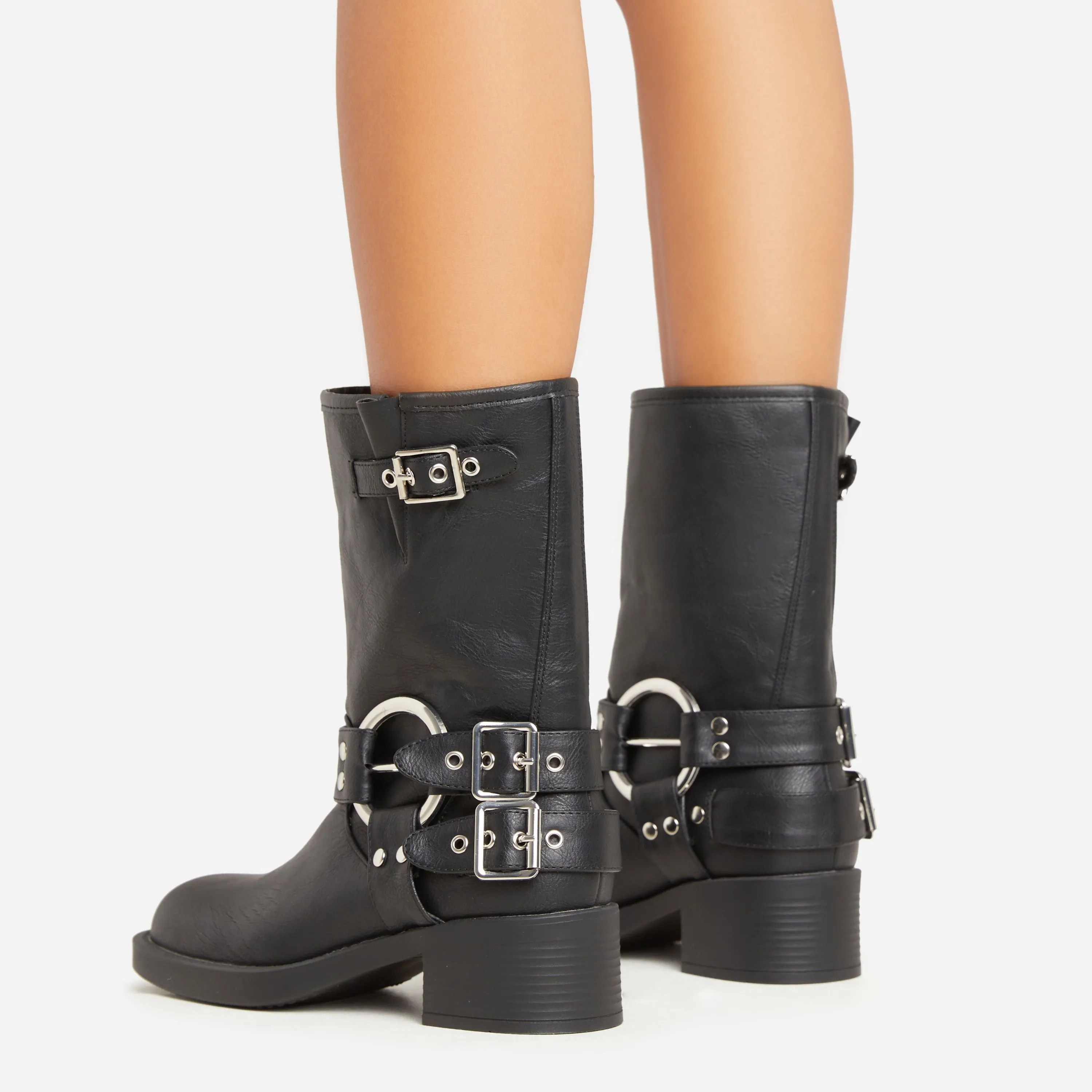 Motorbike Ring Buckle Detail Ankle Biker Boot In Black Faux Leather