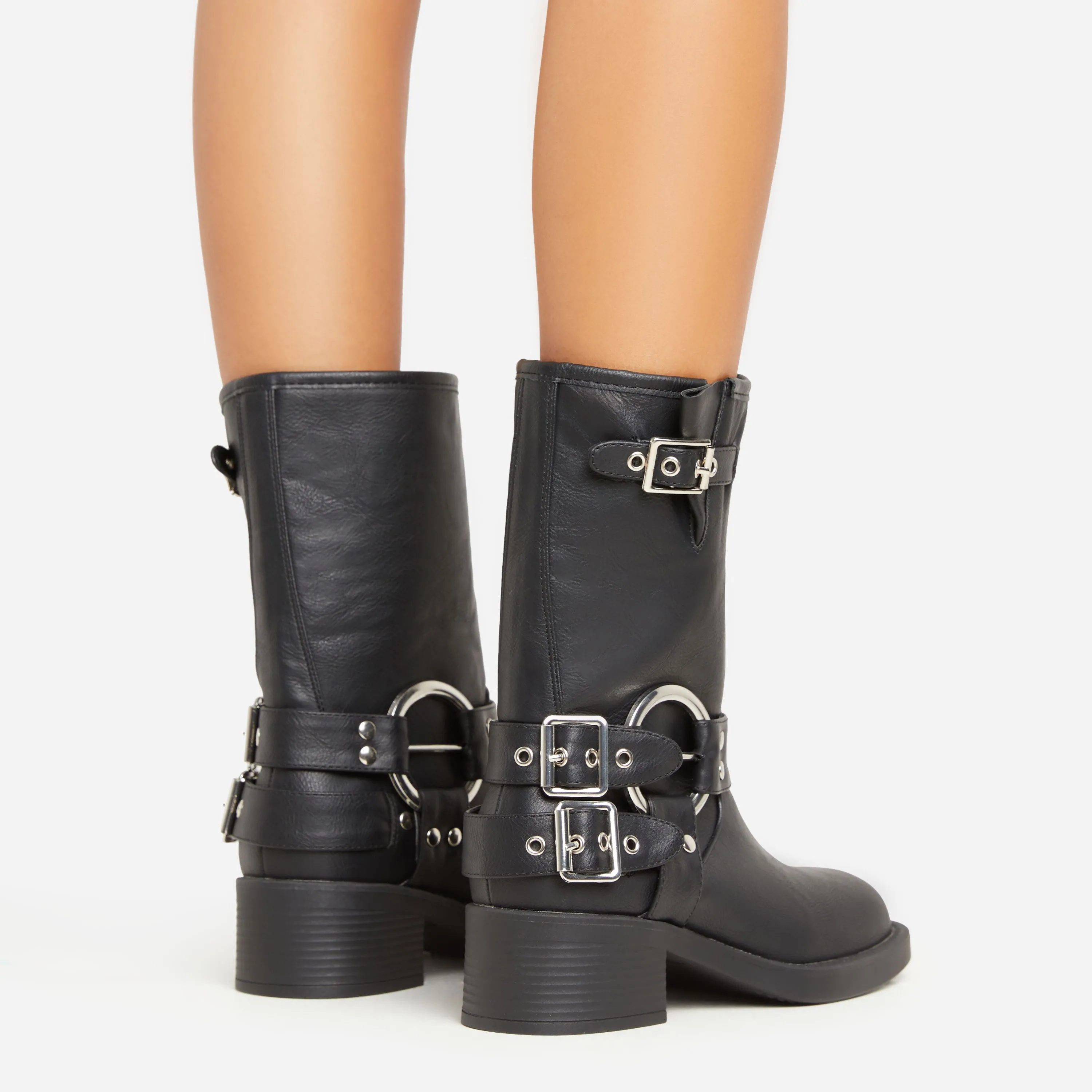 Motorbike Ring Buckle Detail Ankle Biker Boot In Black Faux Leather