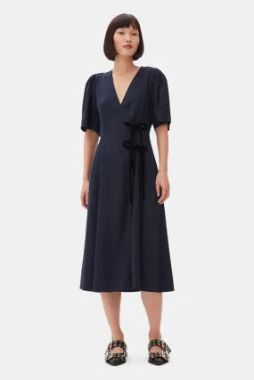 Navy Blue Viscose Twill Wrap Midi Dress