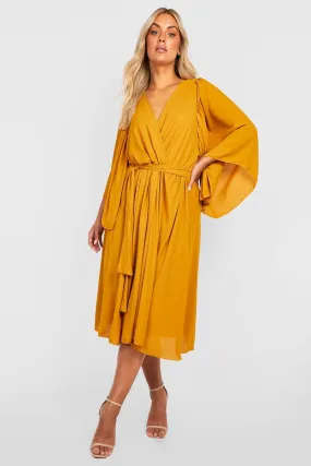 Plus Angel Sleeve Wrap Midi Dress