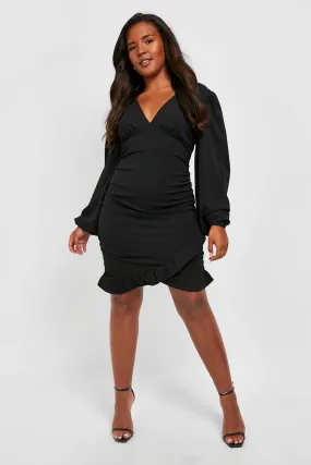 Plus Blouson Sleeve Ruffle Wrap Dress