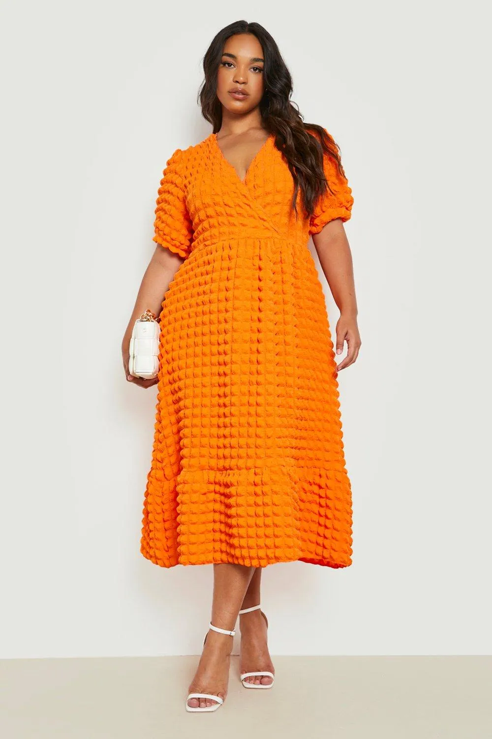 Plus Bubble Jersey Knit Wrap Midi Smock Dress