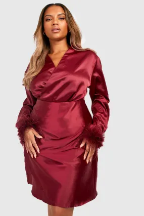 Plus Feather Satin Wrap Shirt Dress