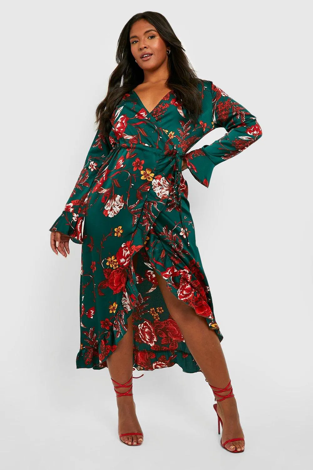 Plus Floral Ruffle Wrap Dress