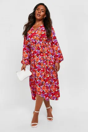 Plus Floral Wrap Midi Dress