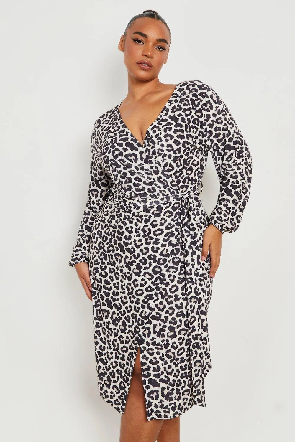 Plus Leopard Slinky Wrap Midi Dress