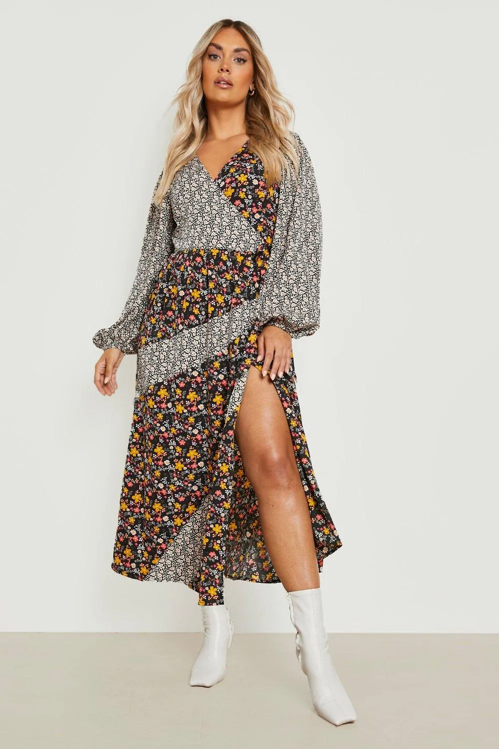 Plus Mixed Floral Wrap Midi Dress