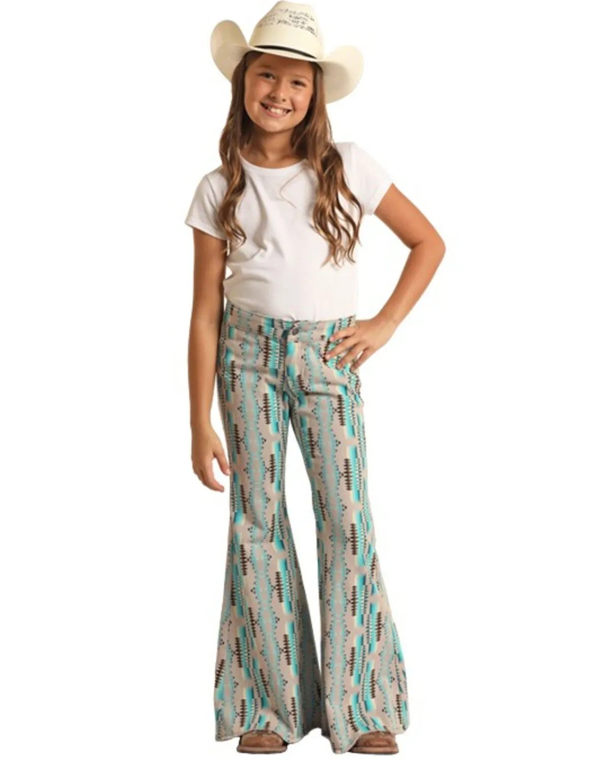 Product Name:  Rock & Roll Denim Girls' High Rise Southwestern Print Extra Stretch Button Flare Jeans