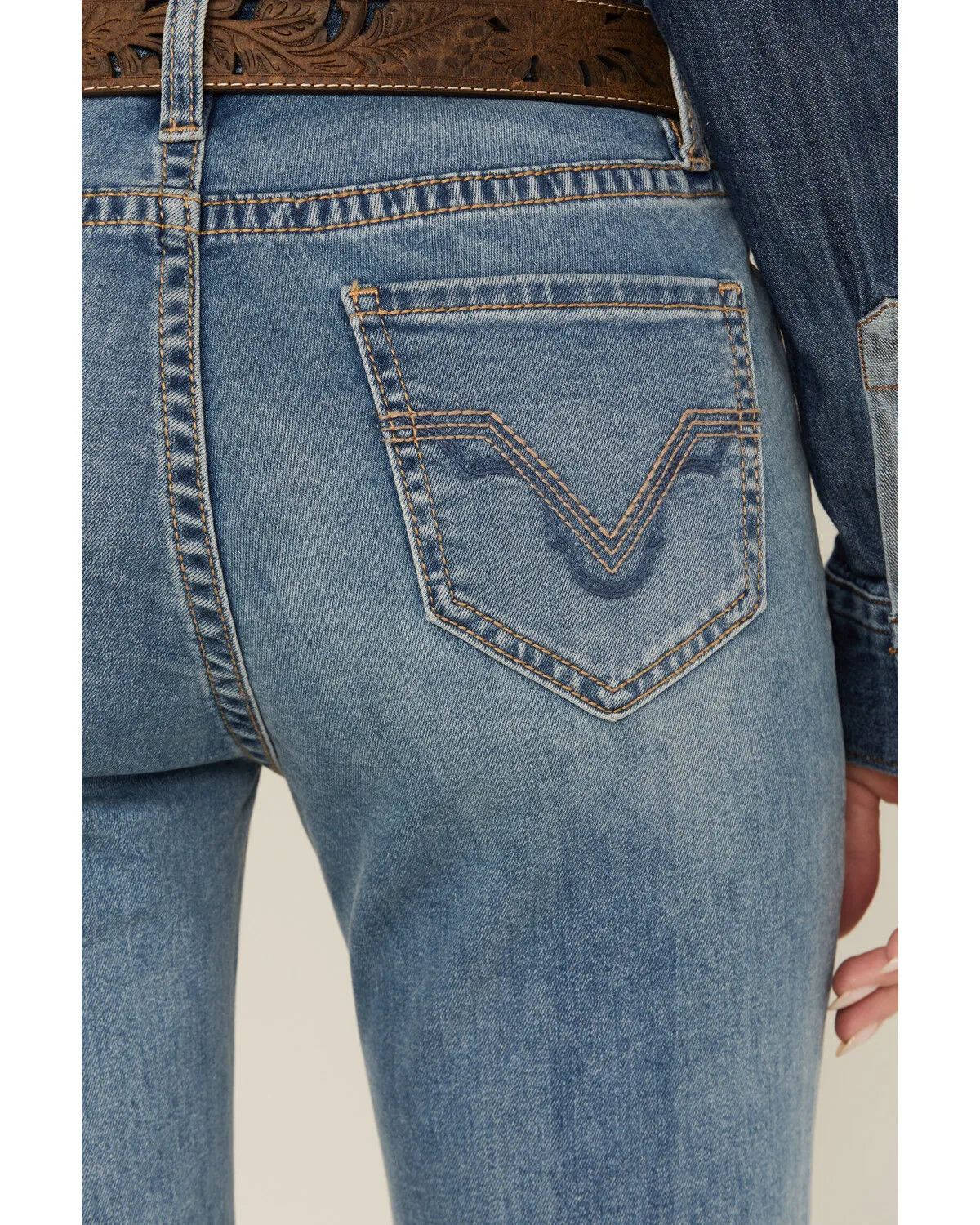 Product Name:  Rock & Roll Denim Women's Light Wash Mid Rise Embroidered Trouser Stretch Denim Jeans