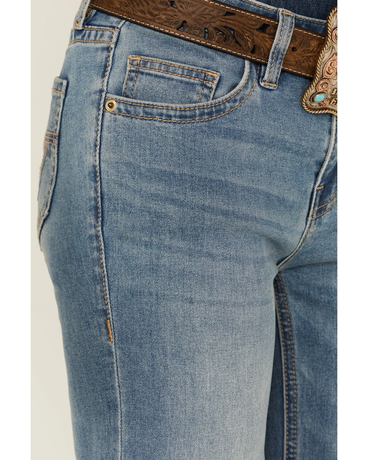 Product Name:  Rock & Roll Denim Women's Light Wash Mid Rise Embroidered Trouser Stretch Denim Jeans