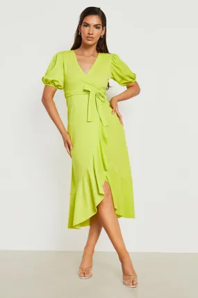 Ruffle Wrap Puff Sleeve Midi Dress