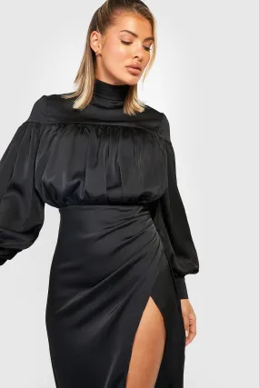 Satin High Neck Wrap Midi Dress