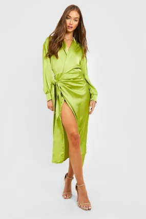 Satin Wrap Split Sleeve Shirt Dress