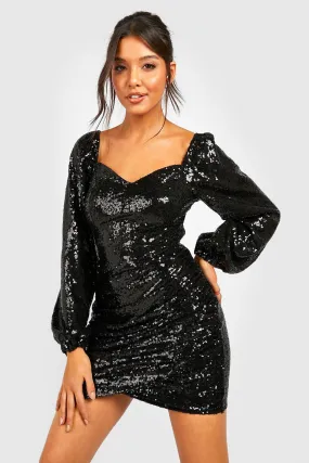 Sequin Blouson Sleeve Wrap Party Dress