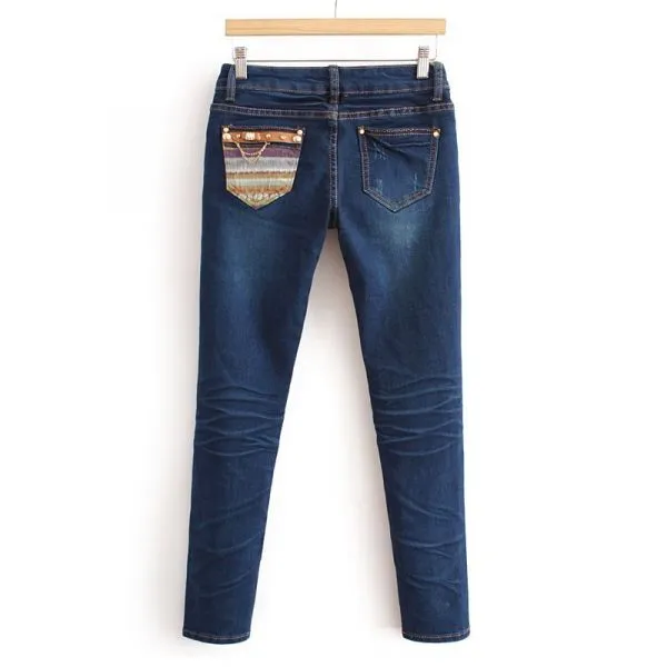 Skinny Jeans for women with tie dye fabric pocket - Denim blue