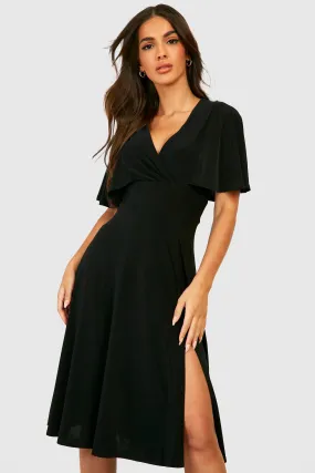 Slinky Wrap Angel Sleeve Midi Skater Dress