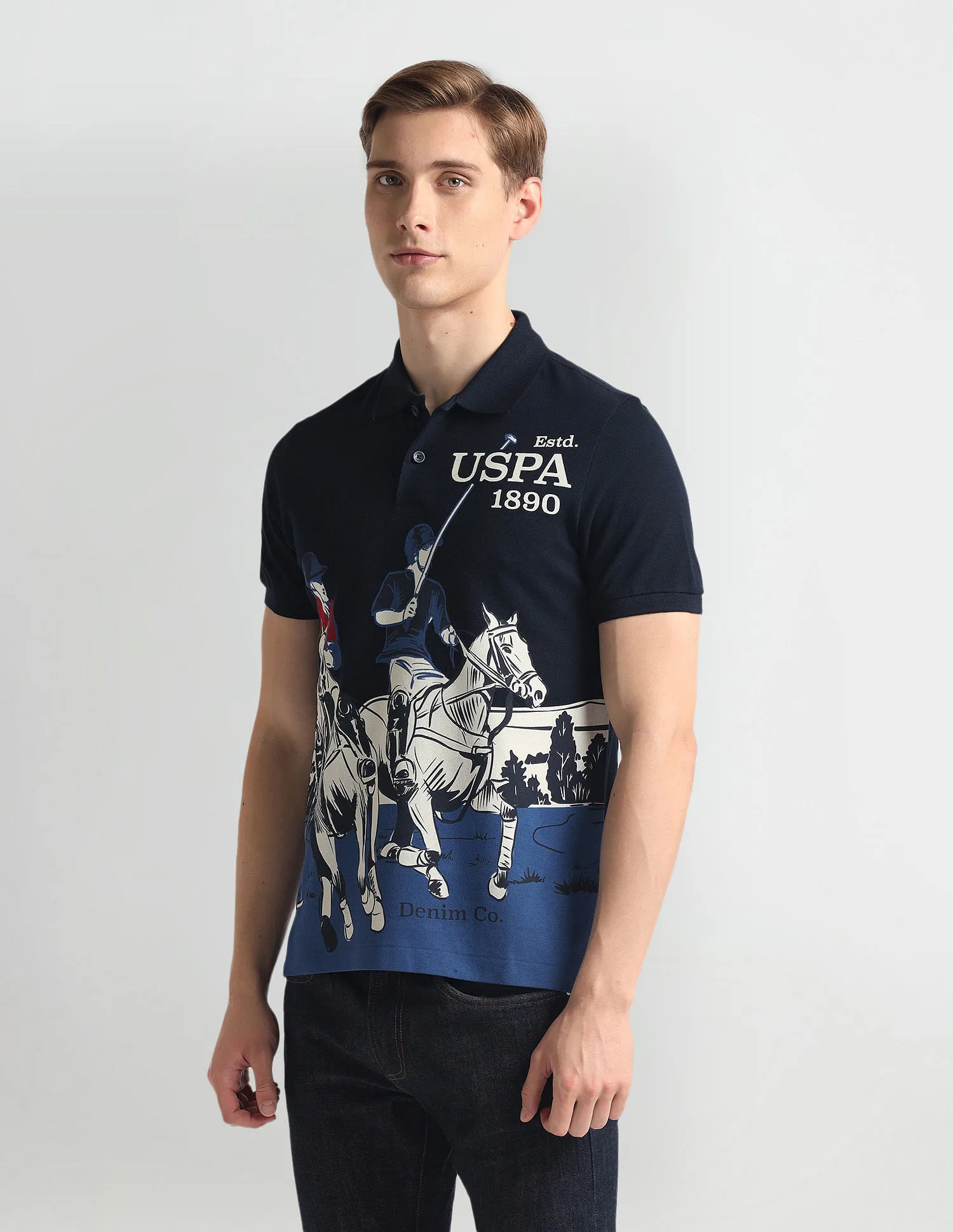 U.S. Polo Assn. Denim Co. Ribbed Collar Brand Print Polo Shirt