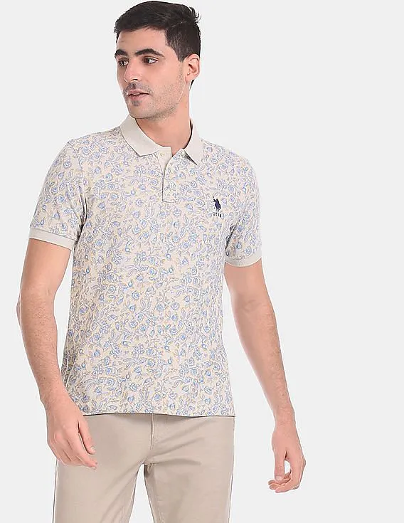 U.S. Polo Assn. Men Beige Floral Print Cotton Pique Polo Shirt