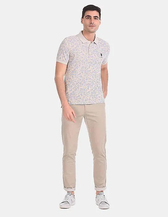 U.S. Polo Assn. Men Beige Floral Print Cotton Pique Polo Shirt