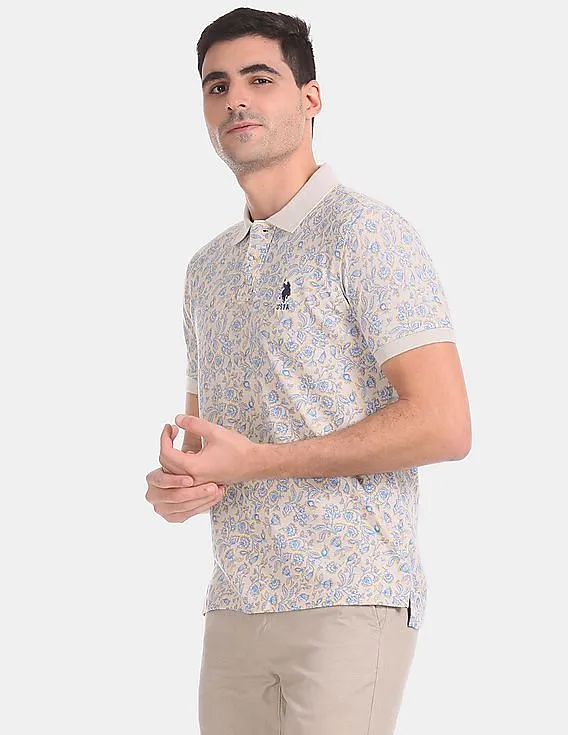 U.S. Polo Assn. Men Beige Floral Print Cotton Pique Polo Shirt