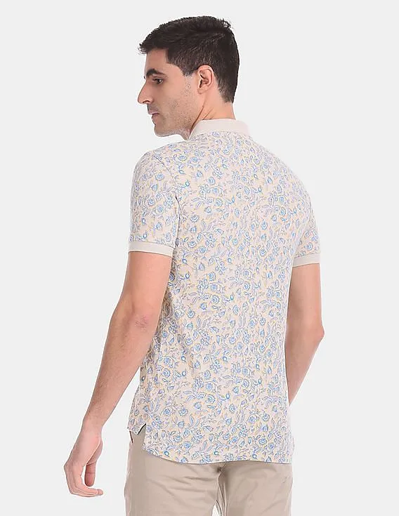 U.S. Polo Assn. Men Beige Floral Print Cotton Pique Polo Shirt