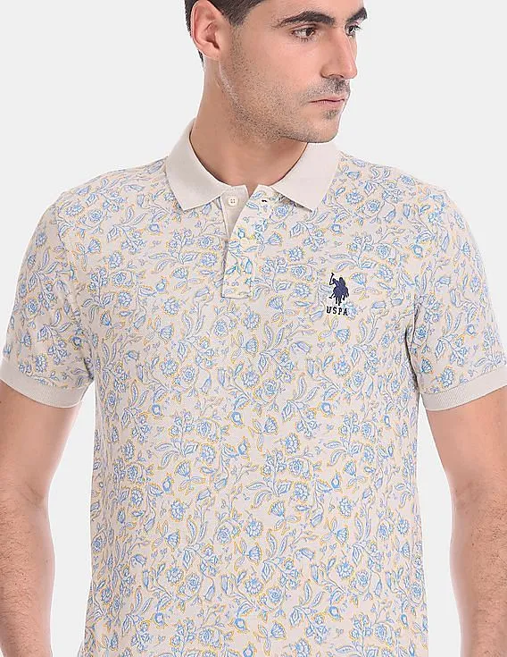 U.S. Polo Assn. Men Beige Floral Print Cotton Pique Polo Shirt