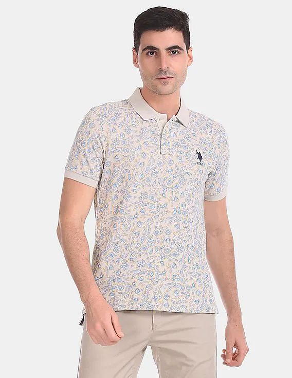 U.S. Polo Assn. Men Beige Floral Print Cotton Pique Polo Shirt