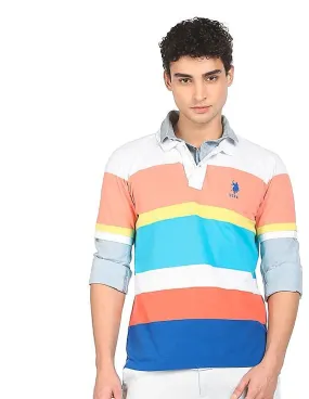 U.S. Polo Assn. Men Coral And Blue Cotton Striped Polo Shirt