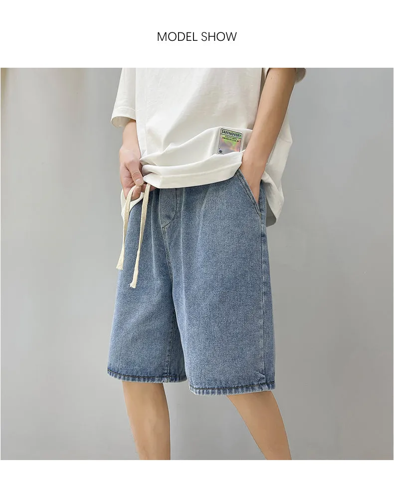 Xituodai 2022 Summer New Men Baggy Thin Denim Shorts Korean Fashion Cotton Elastic Waist Drawstring Oversize Short Jeans Black B